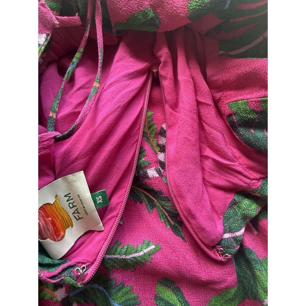 Farm Rio Leaves Pink Midi Dress XS Strappy Ruched Front Slit Tropical Print - Picture 15 of 16